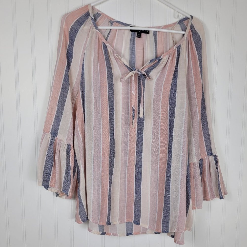 FRED DAVID Flowy Pink & Gray Striped Top, Flowy Sleeves, Women's SZ M